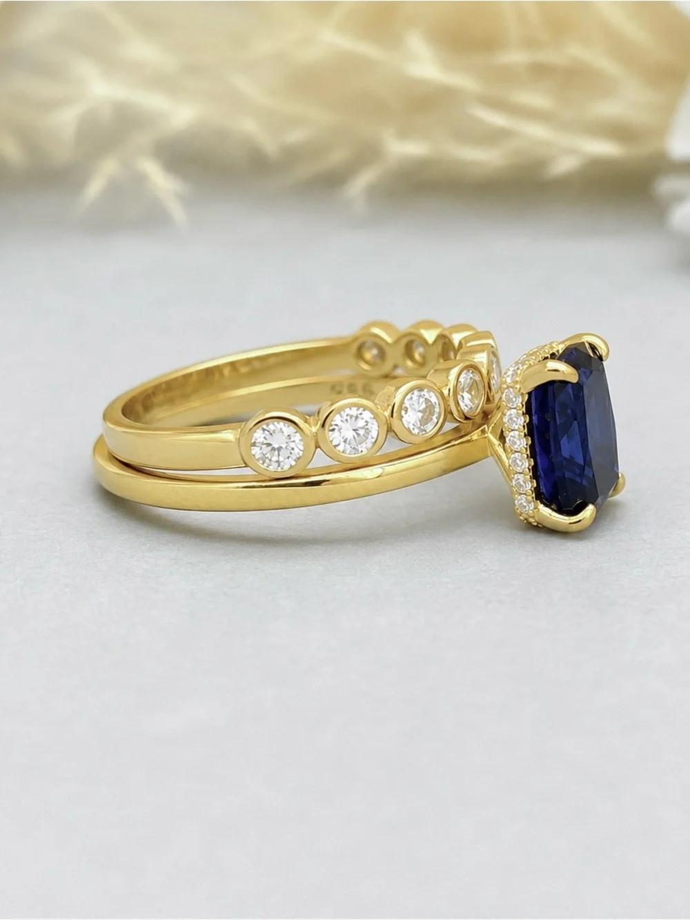 Yellow Gold 3Ct Cushion Blue Sapphire Moissanite Band Sterling Silver Ring Set